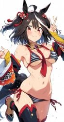 ai_generated animal_ears animal_tail black_hair breasts female hair_ornament horse_girl kitasan_black_(umamusume) red_eyes striped_bikini two_tone_hair umamusume umamusume_pretty_derby