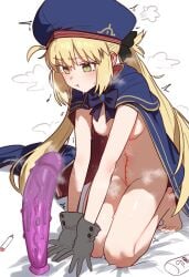 1girls artoria_pendragon artoria_pendragon_(caster) blonde_hair blush breasts dildo ebora fate/grand_order fate_(series) feet female gloves green_eyes hat kneeling light-skinned_female light_skin long_hair measuring_penetration_depth medium_breasts petite petite_body pout thighs twintails youngmanisdown