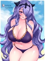 1girls beach big_breasts bikini blush camilla_(fire_emblem) camilla_(tropical_beauty)_(fire_emblem) cleavage cloud collarbone fire_emblem fire_emblem_fates hair_over_one_eye headpiece horns leaning_forward long_hair looking_at_viewer navel nintendo o-ring o-ring_bikini ocean purple_bikini purple_eyes purple_hair sand sky smile standing sugarbell swimsuit thick_thighs thighs water