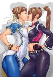 2girls abs akiman_pose arm_guards black_gloves black_jacket black_jumpsuit black_pants blush bracelet breast_contest breast_press breast_zipper breasts brown_eyes brown_hair catfight china_dress chinese_clothes chun-li cleavage closed_mouth commentary_request crop_top cropped_jacket crossover derivative_work double_bun dress earrings eye_contact fatal_fury fatal_fury:_city_of_the_wolves from_side gloves hair_bun hair_pulled_back hair_ribbon happy high_ponytail highres jacket jewelry jumpsuit large_breasts leather leather_pants long_hair looking_at_another mai_shiranui midriff multiple_girls navel ninja noses_touching official_alternate_costume pants parody ponytail print_jacket ribbon rivalry rivals sebastian_von_buchwald shiranui_mai short_hair short_sleeves sideboob simple_background smile snk spandex standing staredown street_fighter street_fighter_6 symmetrical_docking thick_thighs thighs yellow_ribbon yuri