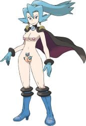 accurate_art_style clair_(pokemon) clair_(pokemon_hgss) cyan_hair edit edited_image edited_official_artwork nude pink_nipples pokemon pubic_hair