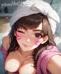 after_shower ai_generated bangs big_breasts blush blush brown_eyes brown_hair d.va long_hair looking_at_viewer one_eye_closed overwatch overwatch_2 selfie smile tagme thick_eyebrows viviai wet