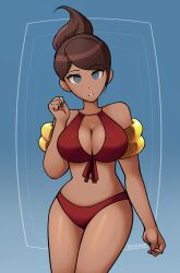 2025 asahina_aoi bikini blue_background blue_eyes breasts brown_body brown_hair brown_skin cleavage danganronpa danganronpa:_trigger_happy_havoc female female_only floaties red_bikini thighs tied_hair triplestabber