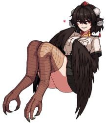 1girls ass bird_ears bird_legs black_hair black_wings formicid grin grinning harpy heart_symbol miniskirt pom_pom_(clothes) red_eyes shameimaru_aya shameimaru_aya smile solo tengu thick_thighs thighs tokin_hat touhou upskirt wings