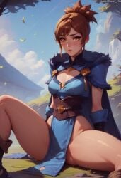 ai_generated blue_dress boots brown_hair clothed dota_2 dress marci_(dota) medium_breasts no_panties pussy_covered spread_legs yellow_eyes