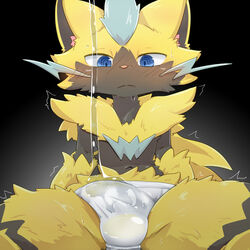 1:1 anthro balls_outline blue_eyes blush bulge clothed clothing cute_fangs felid fur genital_outline genitals legendary_pokémon lube lube_drip lube_string male male_only mammal nintendo penis penis_outline pokémon_(species) pokemon shaking shivering simple_background solo tabezakari underwear video_games wet wet_clothing wet_underwear yellow_body yellow_fur zeraora