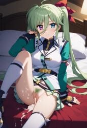 after_sex after_vaginal ai_generated bed bedroom blue_eyes crotch_focus cum cum_dripping cum_in_pussy cum_inside cum_on_clothes cum_on_face cum_on_leg cum_on_socks einhart_stratos female female green_hair hairy_pussy heterochromia legs_open mahou_shoujo_lyrical_nanoha mahou_shoujo_lyrical_nanoha_strikers public_hair purple_eyes sitting_on_bed sweat