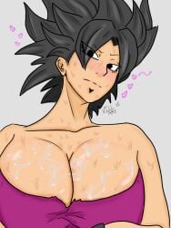 after_sex athletic_female big_breasts caulifla cleavage cum cum_on_breasts dragon_ball fully_clothed heart huge_breasts shounen_jump smug sweat villart