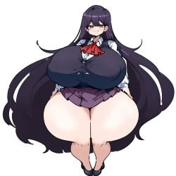 1girls absurdly_long_hair aged_up ai_generated ascot black_hair black_vest blush breast_expansion breasts butt_expansion collared_shirt curvy frills full_body fully_clothed gigantic_ass gigantic_breasts ginormous_breasts high_quality humongous_breasts inakotho_artstyle mari_(omori) masterpiece naughty_smile omori purple_skirt red_ascot score_7_up score_8_up score_9 score_anime short_skirt skirt smug smug_smile source_anime white_background white_shirt wide_hips