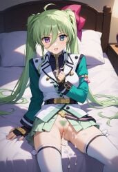 after_sex after_vaginal ai_generated bed bedroom blue_eyes crotch_focus cum cum_in_pussy cum_inside cum_on_clothes cum_on_face einhart_stratos female female green_hair hairy_pussy heterochromia legs_open mahou_shoujo_lyrical_nanoha mahou_shoujo_lyrical_nanoha_strikers public_hair purple_eyes sitting_on_bed sweat