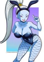 1girls bunnysuit dragon_ball dragon_ball_super dragon_ball_z female fishnets franfuentesart2 happy_expression open_mouth purple_eyes solo solo_female tagme vados