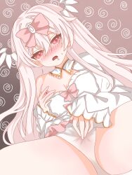 arcaea drool dutch_angle female_masturbation hand_on_breast hand_on_pussy hikari_(arcaea) hikari_(fatalis)_(arcaea) large_breasts low-angle_view nipples nose_blush open_mouth panties spread_legs sweatdrop thighs