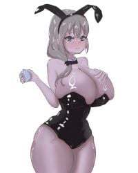 animal_ears arms_under_breasts bare_shoulders big_breasts black_bow black_bowtie black_bunny_ears black_leotard black_pantyhose bow bowtie breasts bunny_ears bunny_tail bunnysuit cleavage closed_eyes covered_nipples eyebrows eyebrows_visible_through_hair female female_focus female_only fishnet fishnet_legwear fishnet_pantyhose full_body grey_hair high_heels large_breasts leotard low-tied_long_hair mature mature_female mature_woman milf moshimoshinl open_mouth playboy_bunny simple_background solo solo_female solo_focus upper_body uzaki-chan_wa_asobitai! uzaki_tsuki white_background white_high_heels