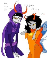 alien alien_humanoid black_hair bulge bulge_through_clothing clothed clothed_female clothed_male clown clown_boy clown_makeup color colored colored_skin fangs gamzee_makara grey_skin homestuck homestuck_troll horn horns humanoid humanoid_alien juggalo kmunc1 long_hair long_hair_female male sticking_out_tongue sticking_tongue_out suggestive tongue tongue_out troll vriska_serket