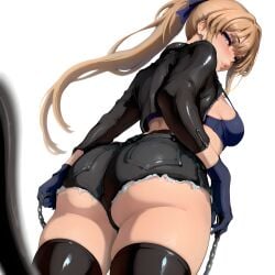 ass ass_focus back_view blonde_hair blue_eyes blush bra chain_leash chained chains coat dominant_female femdom gloves latex_gloves looking_at_viewer looking_back mayyreel open_zipper petplay pov ribbon small_breasts stockings thick_ass thick_thighs tower_of_trample viewer_on_leash