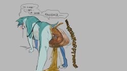 16:9 accident ambiguous_gender anthro blue_body blue_fur blue_hair blush blush_lines bodily_fluids bulge bulge_from_behind dialogue diarrhea english_text excessive_feces feces fur hair hi_res hunched_over inflation onomatopoeia pooping scat_inflation scatplay simple_background snot soiling soiling_underwear solo sound_effects spread_legs spreading stained_underwear standing stinkybuns text wearing_underwear widescreen