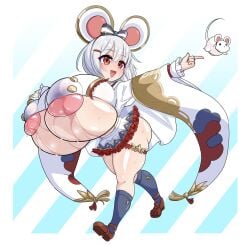 1girls alternate_breast_size animal_ear_hairband areolae blush breasts_bigger_than_head bursting_breasts doroketagai123 eyebrows_visible_through_hair fake_animal_ears female female_only gigantic_breasts granblue_fantasy huge_breasts light-skinned_female light_skin miniskirt nipple_bulge nipples_visible_through_clothing open_mouth rat_ears skirt smile solo sweat sweatdrop sweaty_body sweaty_breasts thick_thighs vikala_(granblue_fantasy) wet_clothes white_hair wide_sleeves