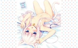 adorable animal_ears animal_tail artist_logo artist_name bell belly belly_button blue_eyes cat_ears cat_girl cat_tail ear_fluff female female_only flat_chest full_body highres legs_apart light-skinned_female light_skin long_hair looking_at_viewer nekopara nude nude_female on_back on_bed open_mouth paw_pose petite petite_body sayori slim slim_girl slim_waist solo solo_female solo_focus thighs vanilla_(nekopara) vanilla_(sayori) white_hair