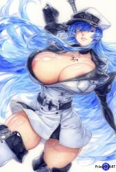 ai_generated akame_ga_kill! areola areola_slip big_breasts blue_eyes blue_hair color elbow_gloves esdeath_(akame_ga_kill!) gloves hat huge_breasts jacket large_breasts long_hair open_clothes priestofart simple_background skirt skirt_lift solo solo_female solo_focus stockings tagme tagme_(artist) tagme_(character) thick_thighs upskirt watermark white_background