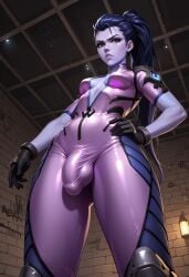 1futa ai_generated balls from_below futa_only futanari jamesbron large_penis long_hair overwatch penis penis_bulge ponytail purple_skin small_breasts solo solo_futa standing tight_clothing wide_hips widowmaker