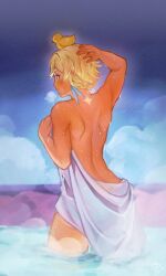 back_muscles bath_house bathing blonde_female blonde_hair feather_earrings female_only genshin_impact lumine_(genshin_impact) nape neck_markings rubber_duck steam tan_body tan_skin tarantaglia towel towel_only water_drop wet_body