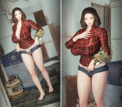 3d bethesda_softworks brown_hair caught_off_guard caught_undressing cleavage covering curvy denim_shorts emotrashcan fallout flash hot_pants large_breasts looking_at_viewer micro_shorts no_panties nora_(fallout_4) pip_boy post_apocalyptic pubic_hair pussy_hair pussy_peek pussy_visible surprised vault_dweller