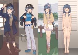 barefoot baseball_cap black_hat blue_footwear blue_necktie blush boots braid breasts brown_footwear capri_pants clothing_request commentary_request completely_nude deerstalker denim female female_pubic_hair hat jeans long_hair looking_at_viewer low-tied_sidelocks midriff miyako_(naotsugu) navel necktie nipples nude open_mouth original outdoors pants pubic_hair railing shoes skirt smile solo twin_braids