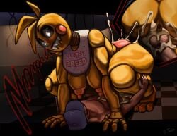 animatronic anthro anus areola avian balls bib big_breasts bird bite biting_lip biting_own_lip black_sclera blue_clothing blue_hat blue_headwear bodily_fluids breasts chicken clothing cum cum_in_pussy cum_inside duo ejaculation feathers female female_on_top five_nights_at_freddy's five_nights_at_freddy's_2 galliform gallus_(genus) genital_fluids genitals hat head_feathers head_tuft headgear headwear hi_res huge_breasts human larger_female machine male male/female mammal nipples nude on_top orange_areola orange_nipples penetration phasianid robot rosy_cheeks scottgames self_bite sex sharp_teeth size_difference tan_body tan_skin tap34 teeth text text_on_clothing thick_thighs toy_chica_(fnaf) tuft vaginal_penetration vaginal_penetration white_eyes wide_hips yellow_body yellow_feathers