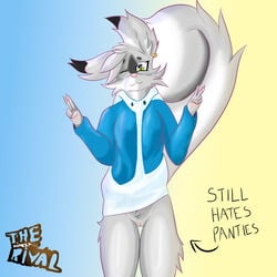 1:1 anthro arctic_fox big_tail canid canine closed_eyes clothed clothing english_text female fluffy fluffy_tail fox genitals hi_res long_ears looking_at_viewer mammal no_underwear pussy skye_(thehonestrival) solo text thehonestrival