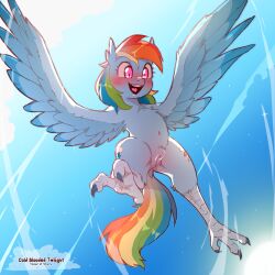 1:1 alternate_species animal_genitalia animal_pussy anthro artist_name avian blush cold-blooded-twilight cutie_mark day english_text equine_genitalia equine_pussy european_mythology female friendship_is_magic genitals greek_mythology hair harpy hasbro hi_res long_hair multicolored_hair multicolored_tail my_little_pony mythological_avian mythological_creature mythology open_mouth outside purple_eyes pussy rainbow_dash_(mlp) rainbow_hair rainbow_tail sky solo tail teeth text tongue wings