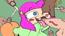 angie_(safelewds) blue_eyes bodily_fluids butt cock cum cum_in_mouth cum_inside cumshot cumshot_in_mouth female mouth_open multiple_boys multiple_penises open_mouth penis penis_on_tongue penises_everywhere pink_hair safelewds semen tongue vein zachdewd