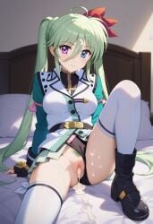 after_sex after_vaginal ai_generated bed bedroom blue_eyes crotch_focus cum cum_dripping cum_in_pussy cum_inside cum_on_clothes cum_on_face cum_on_leg cum_on_socks einhart_stratos female female green_hair hairy_pussy heterochromia legs_open mahou_shoujo_lyrical_nanoha mahou_shoujo_lyrical_nanoha_strikers public_hair purple_eyes sitting_on_bed sweat