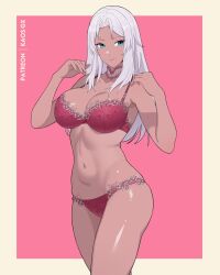 1girls artist_name belly_button big_breasts blue_eyes border bra breasts choker closed_mouth cowboy_shot dark-skinned_female dark_skin elma_(xenoblade_x) female female_focus female_only grey_hair hands_up highres kaos_art long_hair looking_at_viewer navel only_female panties pink_background shiny shiny_breasts shiny_legs shiny_skin smile solo underwear white_hair xenoblade_chronicles_(series) xenoblade_chronicles_x