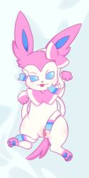 blue_eyes blush clitoris eeveelution female feral fur genitals hi_res listen_wind lying nintendo on_back pokémon_(species) pokemon pussy solo spread_pussy spreading sylveon tongue tongue_out urethra video_games white_body white_fur