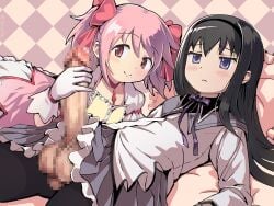 2girls :< akemi_homura assertive_female black_hair black_hairband blush bow bow_choker bubble_skirt buttons center_frills checkered_background chest_jewel choker closed_mouth dress frilled_dress frilled_skirt frilled_sleeves frills futa_with_female futanari gloved_handjob gloves hair_between_eyes hair_flip hairband hairbow hand_up handjob happy kaname_madoka light_blush long_hair long_sleeves madoka_kaname magical_girl mahou_shoujo_madoka_magica mahou_shoujo_madoka_magica_(anime) medium_hair miniskirt multiple_girls on_bed pantyhose pink_dress pink_gemstone pink_hair puffy_short_sleeves puffy_sleeves purple_bow purple_eyes purple_skirt red_bow red_choker red_eyes shirt short_dress short_sleeves short_twintails skirt smile tokiatm twintails white_gloves white_skirt white_sleeves