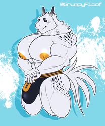 2021 5:6 abs abstract_background absurd_res anthro barazoku big_bulge big_muscles big_nipples big_pecs black_sclera blue_background bulge clothing dragon ear_piercing fur furred_dragon grumpyfloof hi_res looking_at_viewer male male_only muscular muscular_anthro muscular_male nails nipples pecs piercing simple_background smile solo standing text thick_thighs thong tuft underwear url white_body white_fur