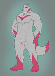 5_fingers 5_toes abs alternate_species anthro biceps canid canine circumcised drift_(fortnite) epic_games feet fingers flaccid fortnite fox fur furrification furry genitals grey_body grey_eyes grey_fur grey_hair hand_on_hip highres male mammal markings muscular muscular_anthro muscular_male muscular_thighs navel neotorakuma nipples pecs penis pink_body pink_fur pink_inner_ear pink_markings pink_sclera quads simple_background smile solo standing testicles thick_thighs toes