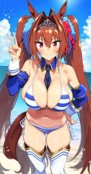 ai_generated animal_ears breasts daiwa_scarlet_(umamusume) female hips horse_girl looking_at_viewer pussy red_eyes ribbon_in_hair striped_bikini tiara twintails umamusume umamusume_pretty_derby