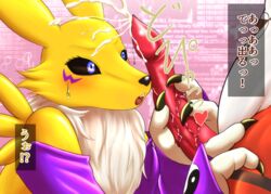 bandai_namco canid canine digimon digimon_(species) duo female fid fox guilmon handjob japanese_text male male/female mammal penile renamon sex text translation_request unseen_male_face