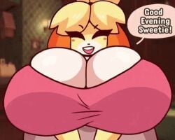 animal_crossing animated big_breasts breasts cleavage dork_boi female furry huge_breasts isabelle_(animal_crossing) lewd_dorky thick_thighs wide_hips