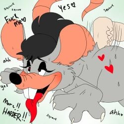 2021 2d 2d_(artwork) 2d_artwork ahe_gao anal anal_sex anthro ass big_ass big_butt black_hair chuck_e_cheese chuck_e_cheese_(franchise) dialog dialogue digital_art digital_drawing_(artwork) digital_media_(artwork) disembodied_penis furry furry_male gay gay_sex grey_fur mascot moodi murid penis rat rat_tail rodent rodent_humanoid tail text tongue tongue_out twink twink_penetrated