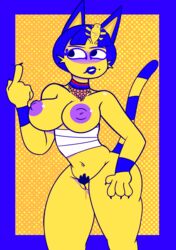 abstract_background animal_crossing ankha ankha_(animal_crossing) anthro blush bodily_fluids breasts duskcy felid feline female genital_fluids genitals hi_res humanoid jewelry mammal nintendo nipples pubes pussy pussy_juice solo suggestive_look video_games