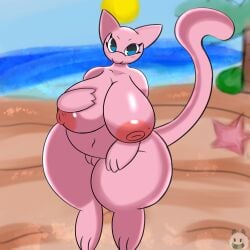 1:1 absurd_res anthro asterozoan beach blue_eyes bodily_fluids breasts curvy_female curvy_figure echinoderm female fur generation_1_pokemon genital_fluids genitals hand_on_breast hi_res humanoid legendary_pokemon long_tail looking_at_viewer marine markings messy mew_(pokemon) miyang_draws! mole_(marking) mow navel nintendo nipples pink_body pink_fur pokemon pokemon_(species) pussy short_stack solo starfish sun tail thick_thighs voluptuous water wide_hips