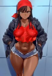 1girl against_wall ai_generated bandana black_hair brown_eyes covered_nipples crop_top crop_top_overhang dark-skinned_female dark_skin denim denim_shorts dreadlocks female female_focus jacket jagat_ai leaning_back long_hair nipples_visible_through_clothing original original_character pubic_hair pubic_hair_peek red_bandana see-through see-through_top short_shorts solo solo_female