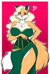 ai_generated blonde_hair blue_eyes cleavage cleavage_overflow dress eyeshadow female_furry fox furry furry_focus furry_only heart long_hair makeup mature_female medieval medieval_outfit milf nipple_outline novelai thick_thighs wide_hips