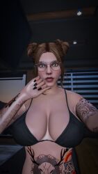 3d amelia_waters ass blue_eyes bra breasts brown_hair cleavage glasses grand_theft_auto grand_theft_auto_online grand_theft_auto_v hair_bun mirror mirror_selfie nopixel nullinvoid red_lipstick selfie standing stockings tattoo tattoo_on_arm tattoo_on_back tattoo_on_belly tattoo_on_legs tattooed_arm tattoos thick_ass thick_thighs thong