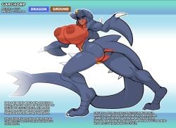 2025 big_breasts black_sclera breasts english_text female fin garchomp generation_4_pokemon genitals grey_body huge_breasts humanoid multicolored_body nintendo nipples nude nude_female nude_humanoid pokemon pokemon_(species) pokemon_humanoid pussy red_body solo spikes spikes_(anatomy) tail tail_fin text thevarking yellow_body yellow_eyes