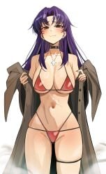 1girls big_breasts bikini bikini_bottom bikini_top blush breasts brown_eyes cleavage coat ear_piercing earrings female female_only hair hips kiritzugu long_hair mature mature_female mature_woman misato_katsuragi nail_polish nails necklace neckwear neon_genesis_evangelion open_coat purple_hair red_bikini red_nail_polish red_nails scar scar_on_stomach solo solo_female thigh_strap thighs