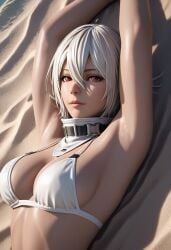 ai_generated armpit_fetish armpits arms_up bikini_top breasts dark-skinned_female female female_only nier nier_reincarnation noelle_(nier_reincarnation) red_eyes short_hair upper_body white_bikini white_hair