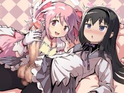 1futa 1girls :< ahe_gao akemi_homura anime assertive_female black_hair black_hairband blush bow bow_choker bubble_skirt buttons censor censored censoring censorship center_frills checkered_background chest_jewel choker closed_mouth cum cumdrip cumming dress female frilled_dress frilled_skirt frilled_sleeves frills futa_on_female futa_with_female futanari gloved_handjob gloves hair_between_eyes hair_flip hairband hairbow hand_up handjob happy heart jerk jerking jerking_off jerkingoff kaname_madoka light-skinned_female light-skinned_futanari light_blush light_skin long_hair long_sleeves looking_at_penis madoka_kaname magical_girl mahou_shoujo_madoka_magica mahou_shoujo_madoka_magica_(anime) medium_hair miniskirt multiple_girls on_bed pantyhose pink_dress pink_gemstone pink_hair pixel pixelated projectile_cum puffy_short_sleeves puffy_sleeves purple_bow purple_eyes purple_skirt red_bow red_choker red_eyes shirt short_dress short_sleeves short_twintails skirt smile tokiatm trembling twintails white_gloves white_skirt white_sleeves